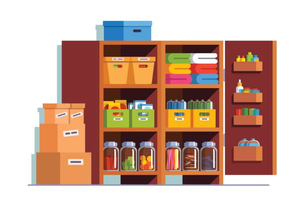 Storeroom or pantry cellar with wooden cupboard Storeroom interior design with big wooden cupboard full of boxes, glass bottles, household goods. Pantry cellar room decoration furniture. Flat style vector illustration isolated on white background. pantry stock illustrations