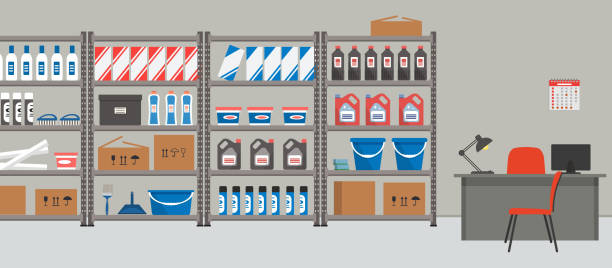 Storeroom. Workplace of the storekeeper. Shelving with household goods vector art illustration