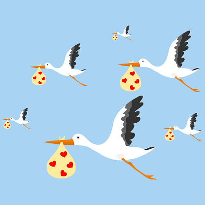 Stork, a set of flying storks with packages of children against a blue sky. Vector, cartoon illustration. Vector.