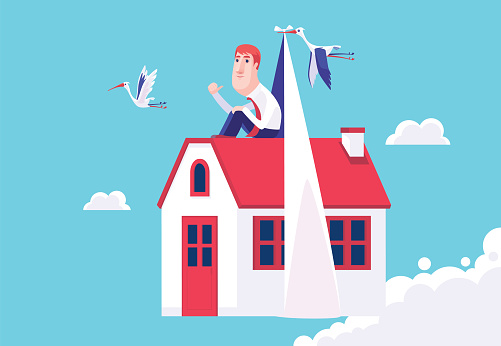stork delivering businessman and house