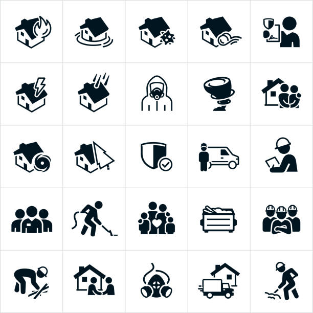 Storm and Disaster Cleanup Icons A set of disaster cleanup icons. The icons include a house fire, house being flooded, a house with mold, a house with wind damage, a house being hit by lightning, a house being damaged by hail, a house being damaged by a hurricane, a house being damaged by a falling tree, a person wearing a hazmat suit, a tornado, insurance claim, insurance agent, cleanup services, debris, a dumpster with debris, cleanup crews wearing hard hats and people cleaning up after a disaster to name a few. damaged stock illustrations
