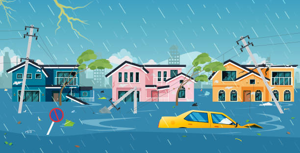 illustrazioni stock, clip art, cartoni animati e icone di tendenza di la tempesta sta distruggendo la città. - alluvione