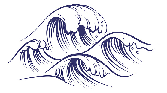 Storm ocean. Big sea waves. Tsunami symbol in sketch style