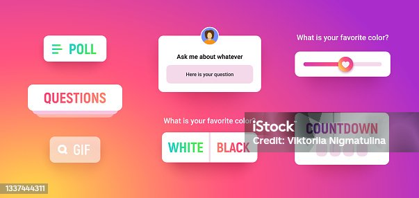 istock Story sticker collection, social media labels template for your post and stories design on gradient background. Poll, quiz, countdown icon mockup, ui form and options, vector illustration. 1337444311