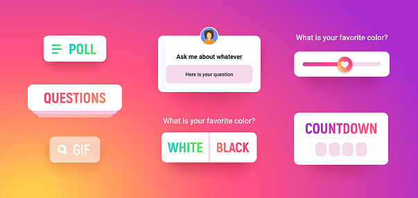 Story sticker collection, social media labels template for your post and stories design on gradient background. Poll, quiz, countdown icon mockup, ui form and options.