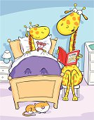 Giraffe reads bedtime story baby giraffe.
