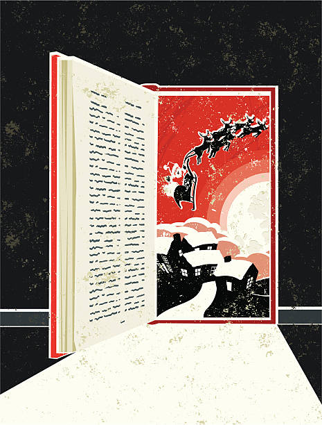 Storybook Doorway Showing Father Christmas Sleigh Scene A Christmas Story! A Storybook in the shape of a doorway opening on a scene of Santa waving as he flies into the sky and over a snowy village! A stylized vector cartoon reminiscent of an old screen print poster suggesting Christmas, celebration, or loos yourself in a good book. Book, wall, Santa scene,paper texture and background are on different layers for easy editing. Please note: clipping paths have been used,  an eps version is included without the path. christmas story telling stock illustrations