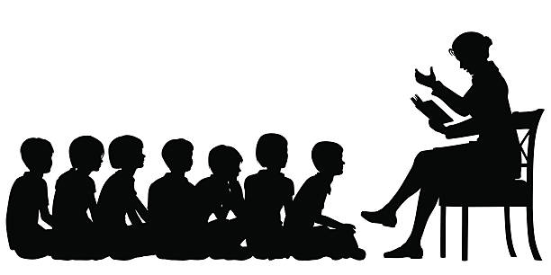 Storytime EPS8 editable vector silhouettes of a female teacher reading a story to her pupils with all figures as separate objects teacher silhouettes stock illustrations