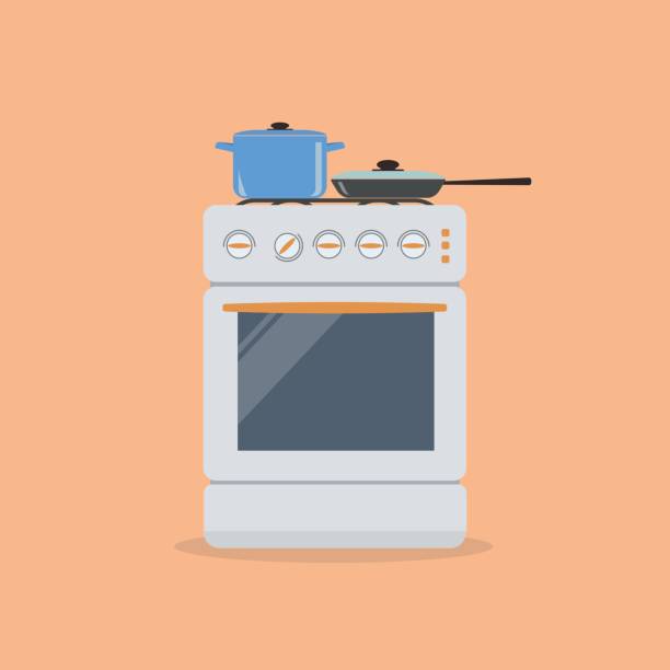 Stove with pan and frying pan on an orange background vector art illustration