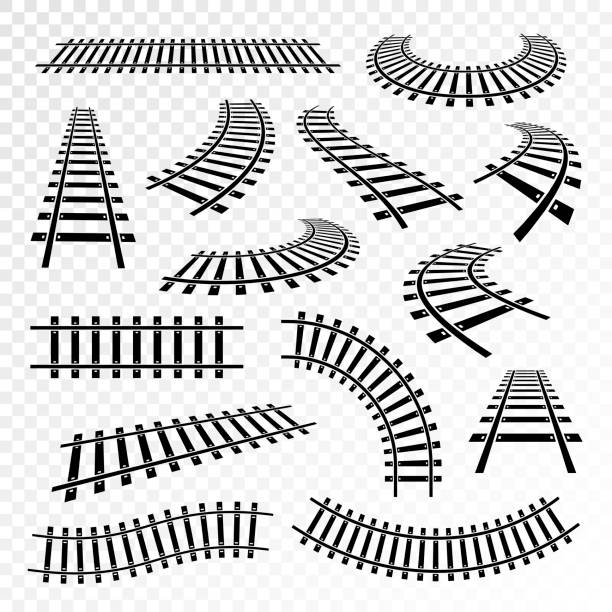 Straight and curved rails icon set Straight and curved rails icon set. Railroad train runs on, steel bars laid forming a railway track. Vector illustration rail transportation stock illustrations
