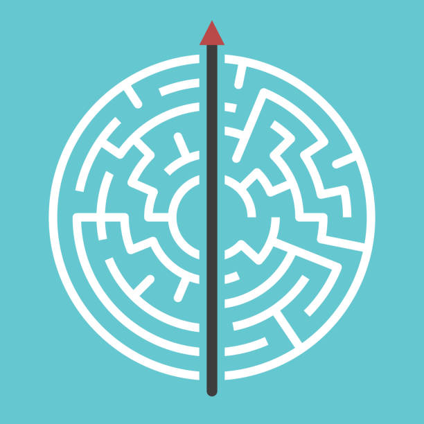 gerader pfeil durch das labyrinth - labyrinth stock-grafiken, -clipart, -cartoons und -symbole