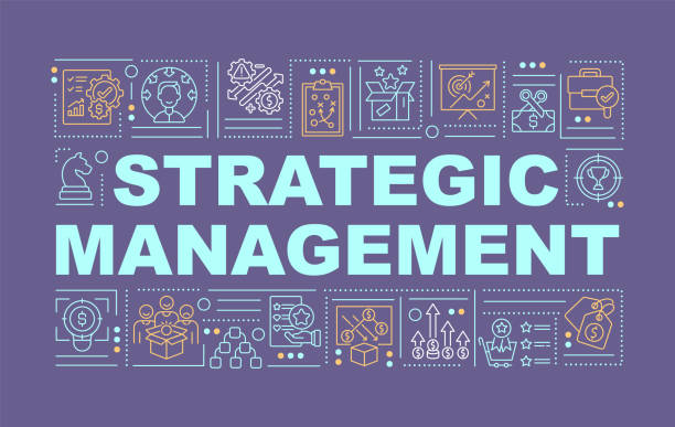 Strategic management word concepts banner Strategic management word concepts banner. Achieving goal. Infographics with linear icons on dark blue background. Resources of organization. Isolated typography. Vector outline RGB color illustration leadership borders stock illustrations