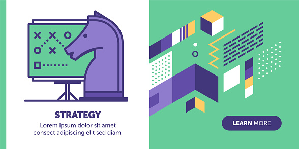 Strategy vector banner illustration also contains icon for the topic. vector