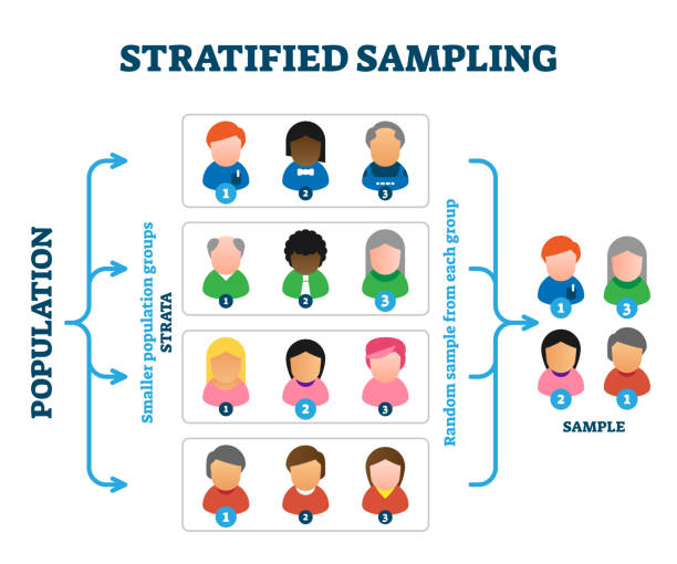 Stratified sampling example, vector illustration diagram Stratified sampling example, vector illustration diagram. Research method explanation scheme with person symbols and stages. Population groups called strata and picking random sample from each group. stratified sampling stock illustrations