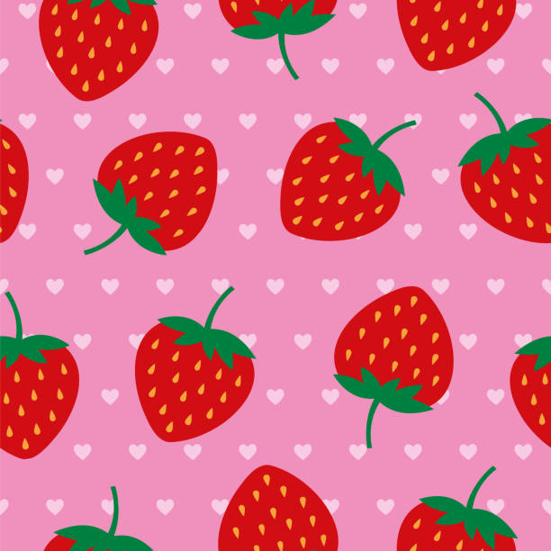 Strawberries Seamless pattern. Vector illustration of seamless pattern with red strawberries on a pink background in a flat style. Stock illustration strawberries stock illustrations