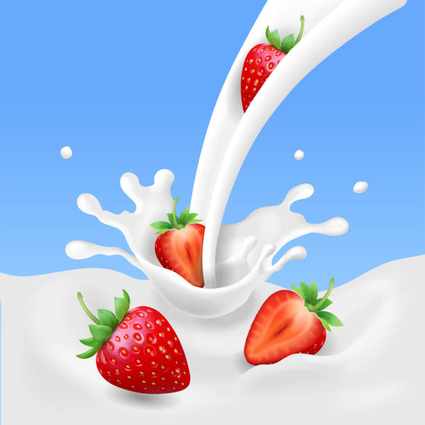ilustrações de stock, clip art, desenhos animados e ícones de strawberry and milk, realistic fruit, yogurt splashing vector concept - strawberry ice cream