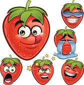 Cartoon strawberry set of 6 expressions including: Tasty, Cool, Crying, Shocked, Dizzy, and Laughing