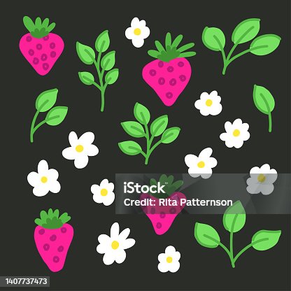istock Strawberry clipart with flowers leaves and twigs in flat style 1407737473