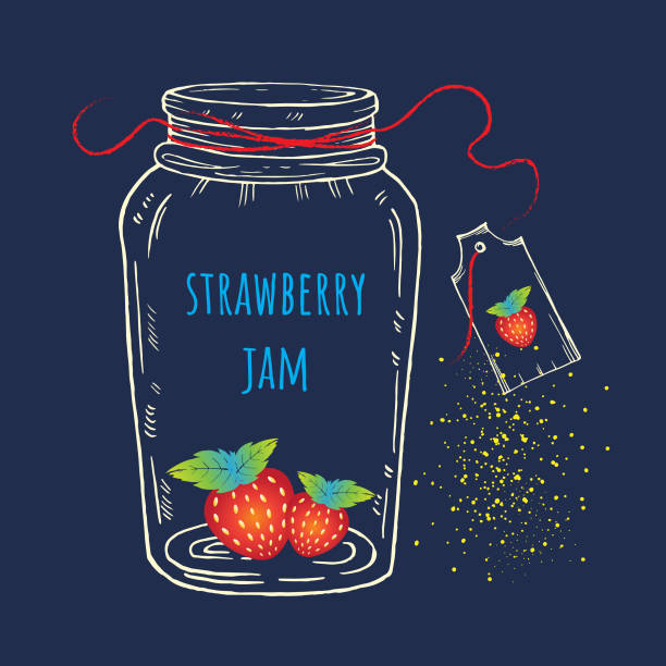 ilustrações de stock, clip art, desenhos animados e ícones de strawberry jam jar with tag hand drawn on dark background - natural organic doodle tag