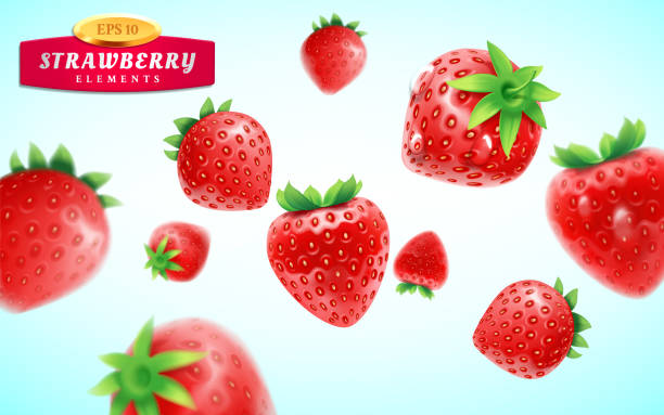 Strawberry set, detailed realistic ripe fresh strawberries with green leaves with water droplets isolated on a blue background Strawberry set, detailed realistic ripe fresh strawberries with green leaves with water droplets isolated on a blue background. 3d illustration strawberry cartoon stock illustrations