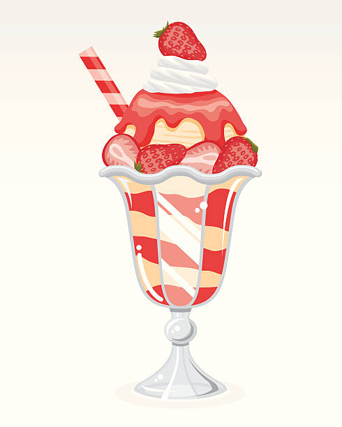 Strawberry Sundae "A classic strawberry sundae with whipped cream, vanilla ice cream, strawberry syrup and fresh strawberries. File contains only one gradient, the background shape, which is on its own layer. The rest of the shapes do not use gradients." ice cream sundae stock illustrations