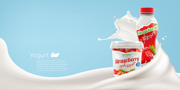 Strawberry yogurt ads with branded jar and bottle on bright background with milk splash commercial product mock-up vector realistic illustration