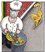 Hand drawn vector cartoon of a scruffy stray cat approaching a friendly looking chef as he scrapes fish bones into a trashcan in a alley.