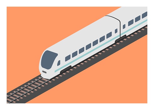 Streamline passenger train in isometric view. Simple flat illustration.