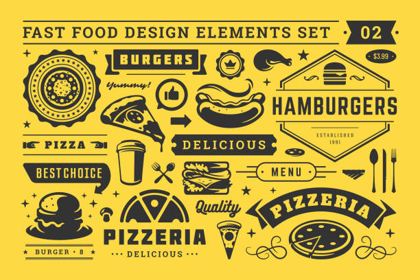 illustrazioni stock, clip art, cartoni animati e icone di tendenza di segni e simboli di strada e fast food con elementi di design tipografico retrò set vettoriale per la decorazione del menu del ristorante - pizza