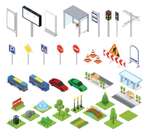 Street and Park Objects Set Isometric View. Vector vector art illustration