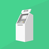 Street ATM teller machine with positive response on the screen and dollar banknotes sticking out of a slot. Vector illustration.