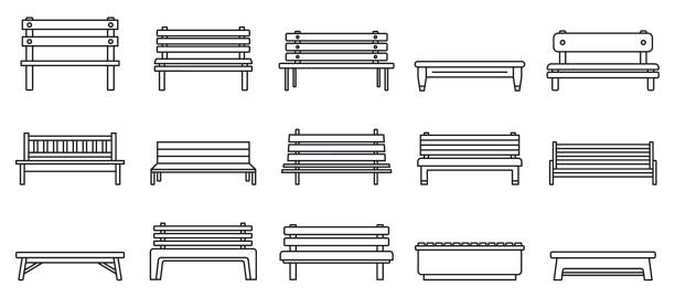 Street bench icons set, outline style Street bench icons set. Outline set of street bench vector icons for web design isolated on white background bench stock illustrations