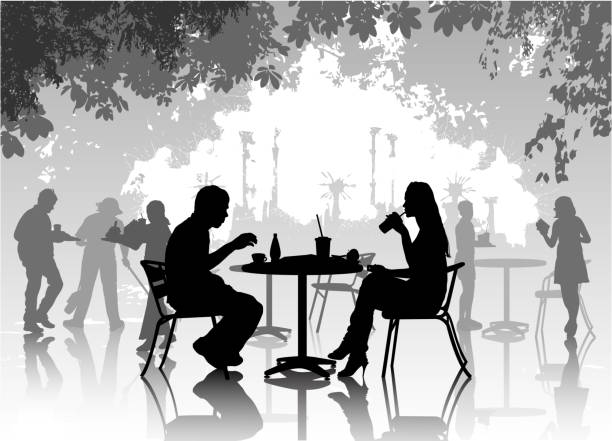 Street cafe with drinking people Additional file include composition with café and eating people in it. food silhouettes stock illustrations