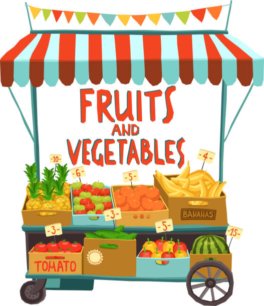 Street sale cart with fruits and vegetables cartoon vector...