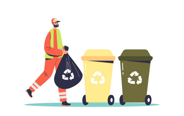 ilustrações, clipart, desenhos animados e ícones de limpador de rua recolhendo lixo, trabalhador de serviço de coleta de lixo em uniforme em contêineres de reciclagem - gari
