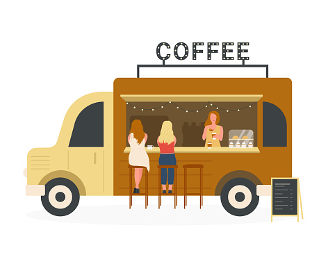 Street coffee truck with clients at bar counter