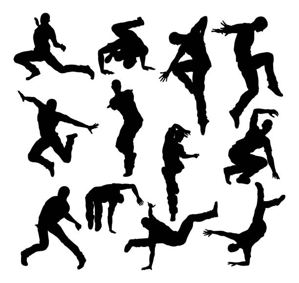 Street Dance Dancer Silhouettes A set of male street dance hip hop dancers in silhouette dancing icons stock illustrations