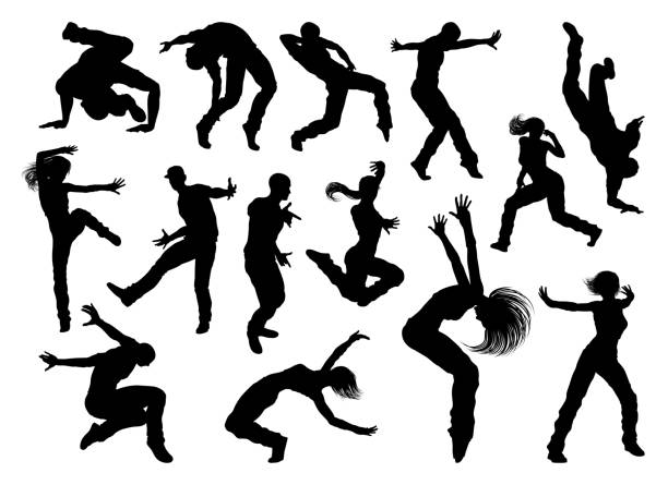 Street Dance Dancer Silhouettes A set of men and women street dance hip hop dancers in silhouette dancing clipart stock illustrations