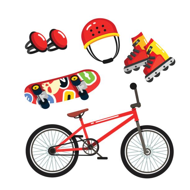 straße extremsport getriebe set, fahrrad, skates - inliner stock-grafiken, -clipart, -cartoons und -symbole
