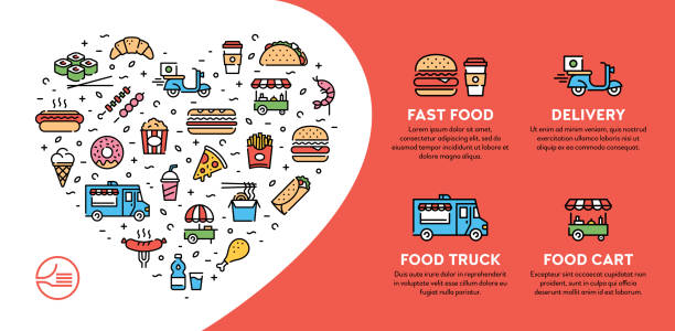 Street Fast Food Icon Banner Vector street food banner concept with place for text. Line fastfood logo illustration. Modern icon flyer design for cafe, delivery, restaurant, bar. Flat take away background template with heart food truck stock illustrations