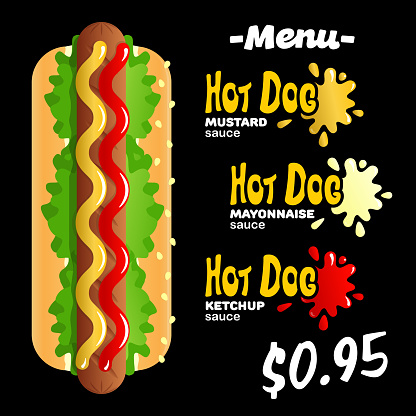 Street food and fast food menu template. Classic Hot Dog with different sauce additions, ketchup, mayonnaise, mustard
