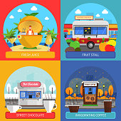 Street food concept icons set with fresh juice fruit stall and street chocolate symbols flat isolated vector illustration