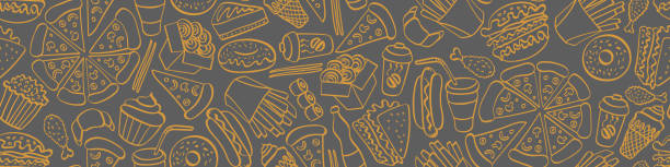 Street food doodle seamless horizontal border. Street food doodle seamless horizontal border. Hand drawn icons on white background. Vector illustration. sandwich backgrounds stock illustrations