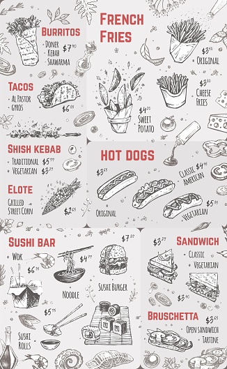 Street food festival menu design vector illustration for hipster market. Hand drawn sketch of american, mexican and asian meal at vintage brochure with prices for doner kebab, fries, sandwich and taco