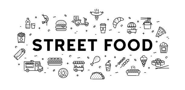 ilustraciones, imágenes clip art, dibujos animados e iconos de stock de conjunto de estandarte del logotipo del icono de la comida callejera - food truck