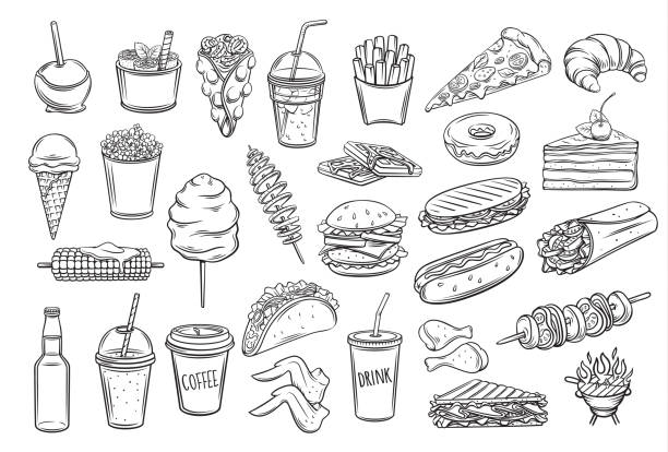 Street food icons Street food icons set. Takeaway meals bubble waffles, hong kong, spiral potato chips, lemonade and apples in caramel. Retro vector illustration fast food french fries, hamburger, tacos and barbecue cake illustrations stock illustrations