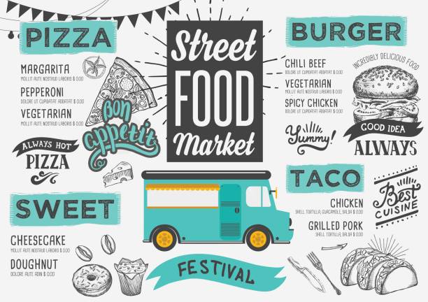 Street food menu, design template. Street food festival menu. Design template with hand-drawn graphic elements in doodle style. food truck stock illustrations