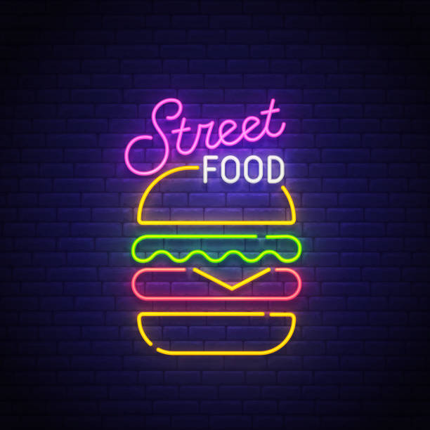 illustrations, cliparts, dessins animés et icônes de alimentation de rue au néon, enseigne lumineuse, lumière bannière. burger logo néon, emblème. illustration vectorielle - eating burger