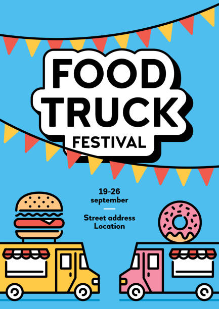Street Food Truck Festival Poster Street food truck banner with place for text. Vector fastfood poster invite illustration. Festival van background concept. Modern icon flyer design for festival, market, event food truck stock illustrations