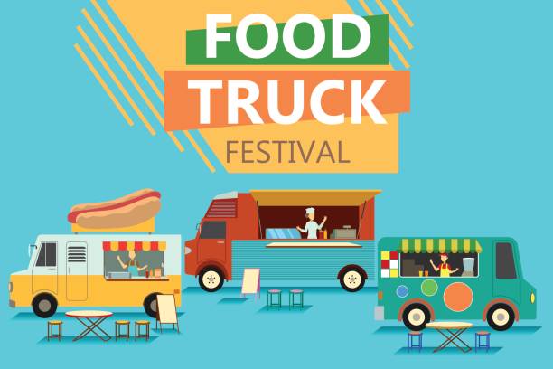 ilustraciones, imágenes clip art, dibujos animados e iconos de stock de cartel del festival de comida en la calle carro - food truck